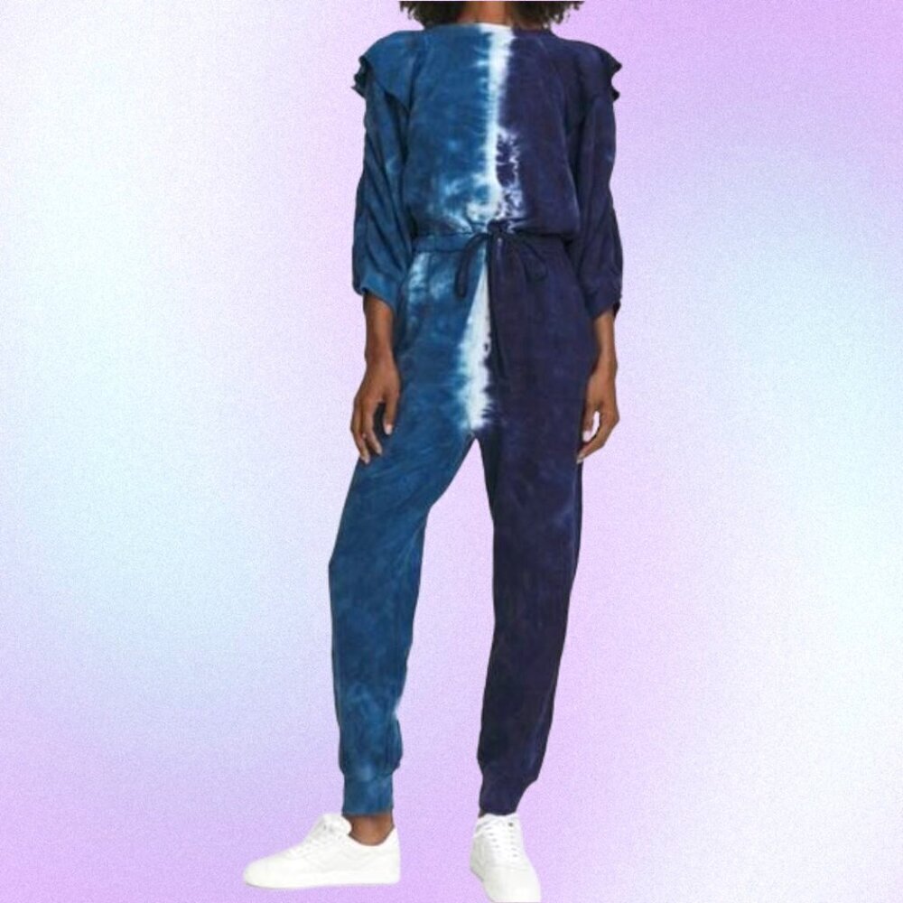 Something Navy Meghan Ruffle Tie Dye Jumpsuit in Blue & White Size Small